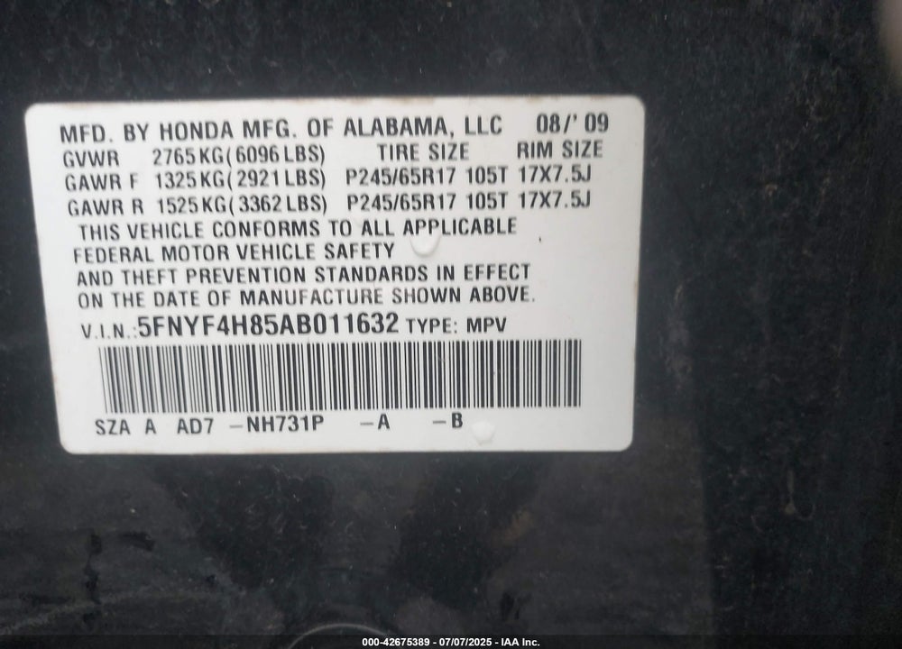 2010 HONDA PILOT VIN: 5FNYF4H85AB011632