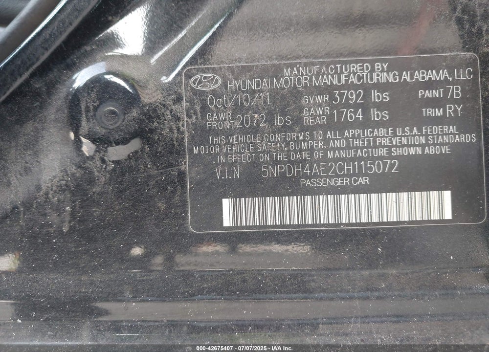 2012 HYUNDAI ELANTRA VIN: 5NPDH4AE2CH115072