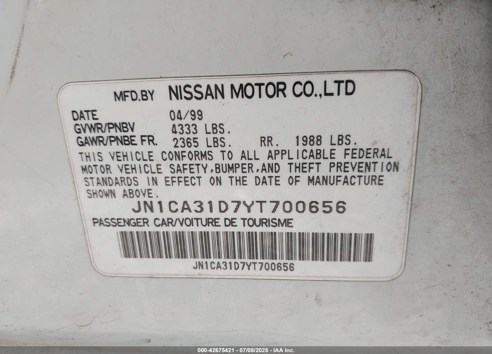 2000 NISSAN MAXIMA VIN: JN1CA31D7YT700656