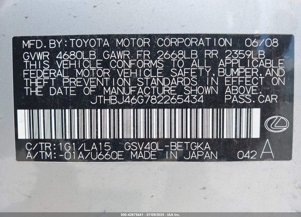 2008 LEXUS ES 350 VIN: JTHBJ46G782265434
