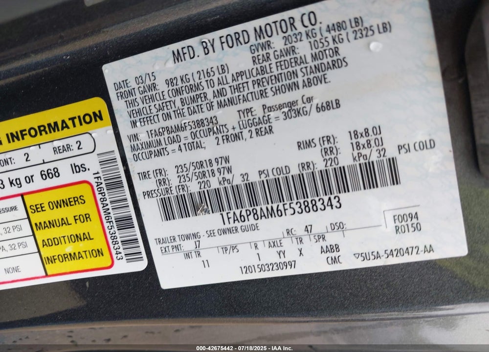 2015 FORD MUSTANG VIN: 1FA6P8AM6F5388343