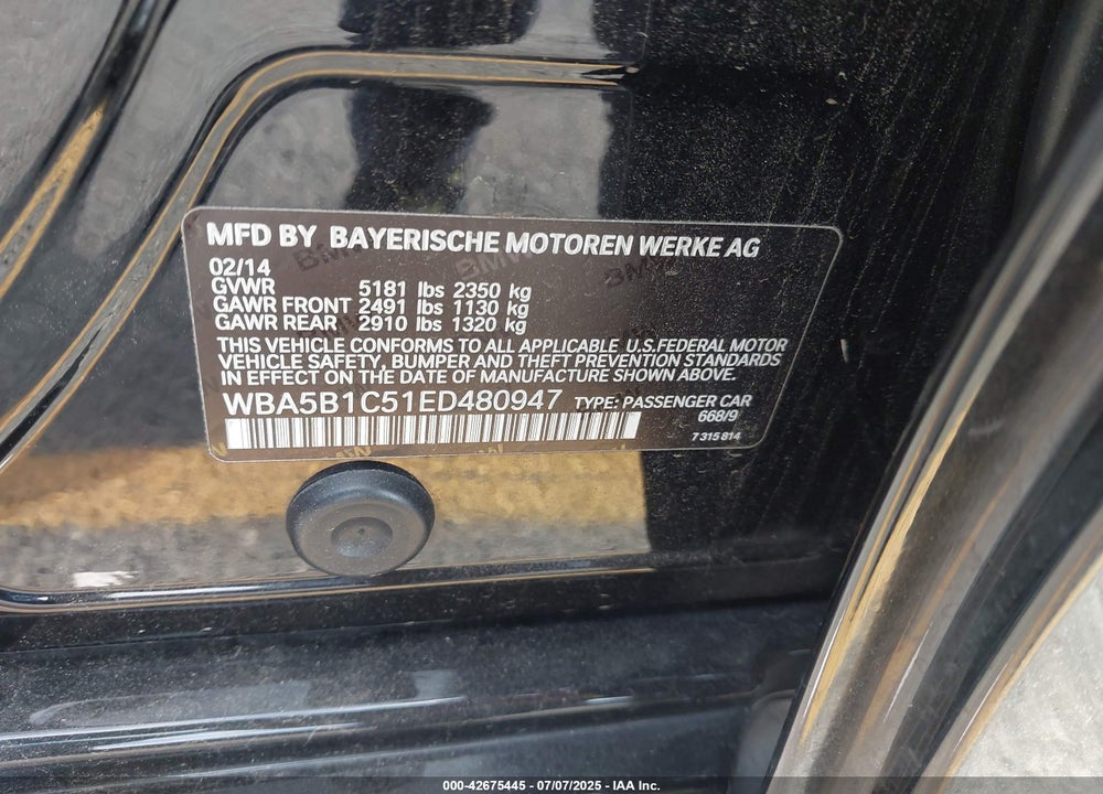 2014 BMW 5 SERIES VIN: WBA5B1C51ED480947