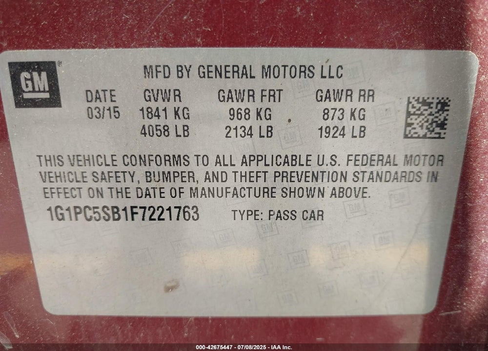 2015 CHEVROLET CRUZE VIN: 1G1PC5SB1F7221763