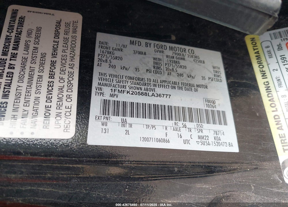 2008 FORD EXPEDITION EL VIN: 1FMFK20588LA36777
