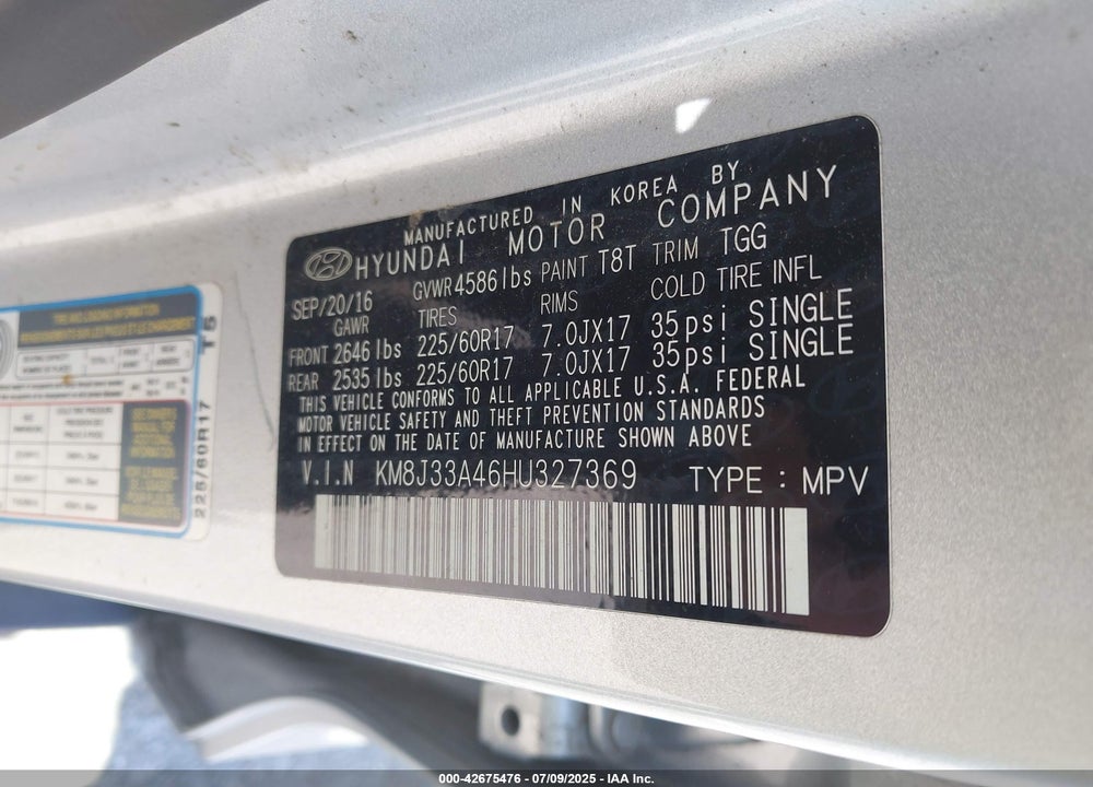 2017 HYUNDAI TUCSON VIN: KM8J33A46HU327369