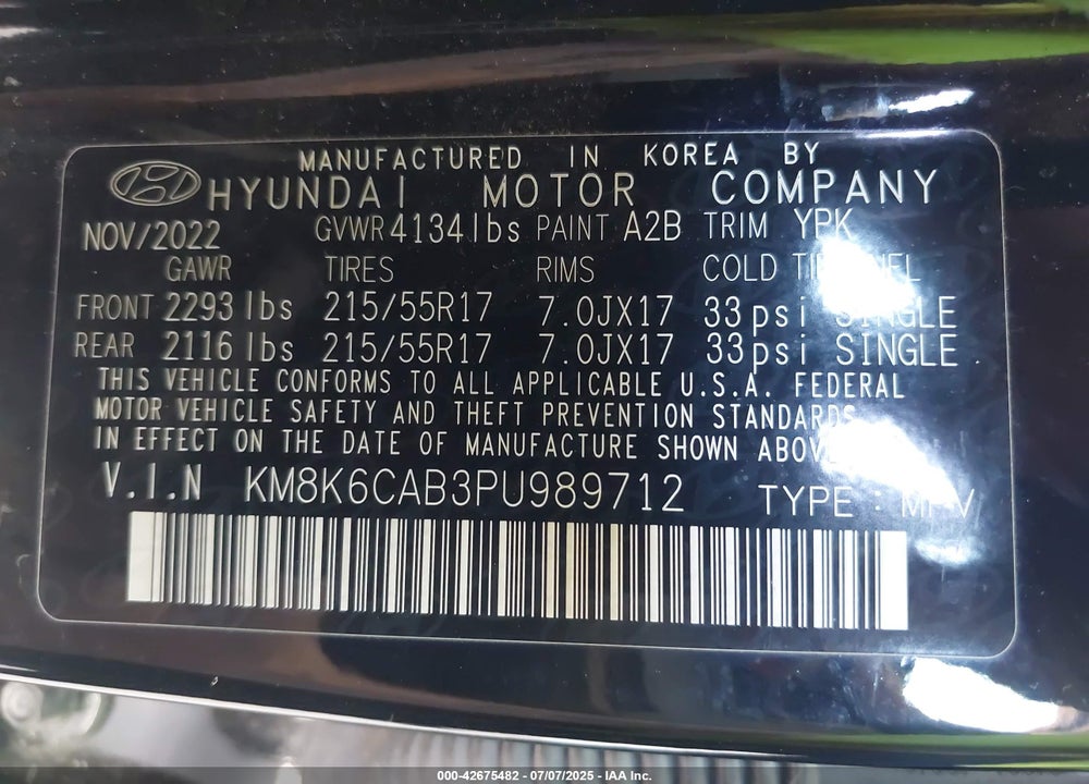 2023 HYUNDAI KONA VIN: KM8K6CAB3PU989712