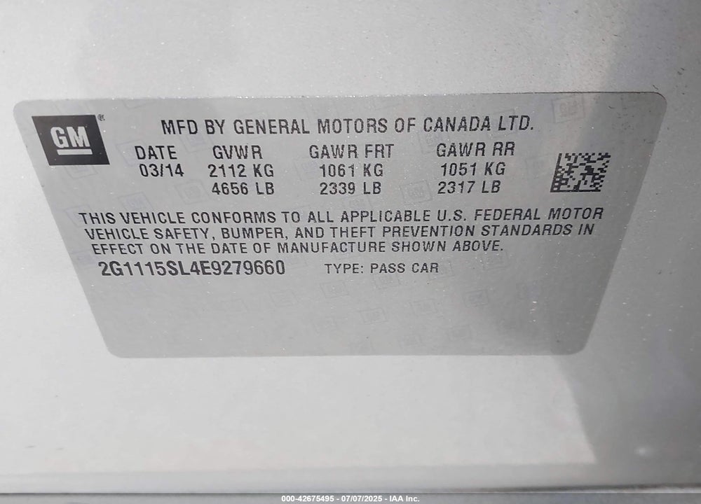 2014 CHEVROLET IMPALA VIN: 2G1115SL4E9279660