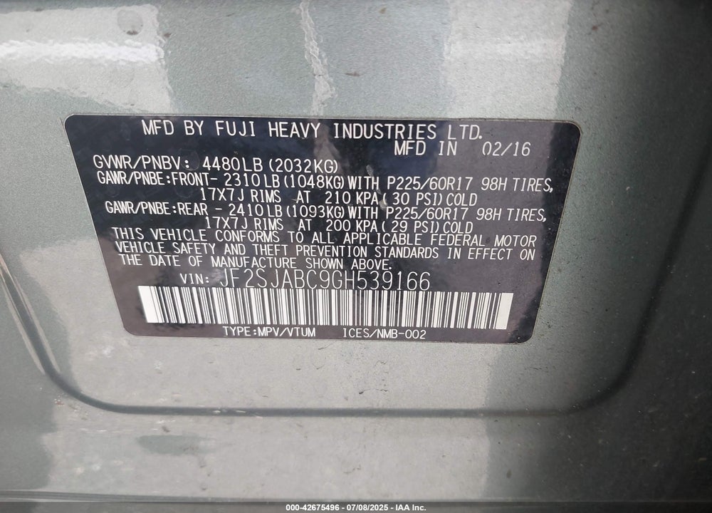 2016 SUBARU FORESTER VIN: JF2SJABC9GH539166