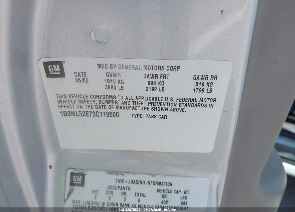 2003 OLDSMOBILE ALERO GL1 VIN: 1G3NL52E73C119606