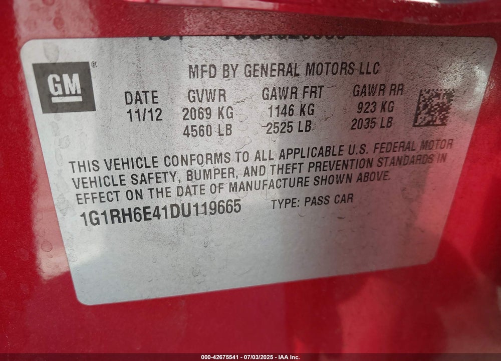 2013 CHEVROLET VOLT VIN: 1G1RH6E41DU119665