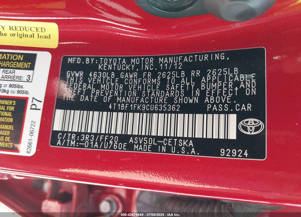 2012 TOYOTA CAMRY VIN: 4T1BF1FK9CU635362
