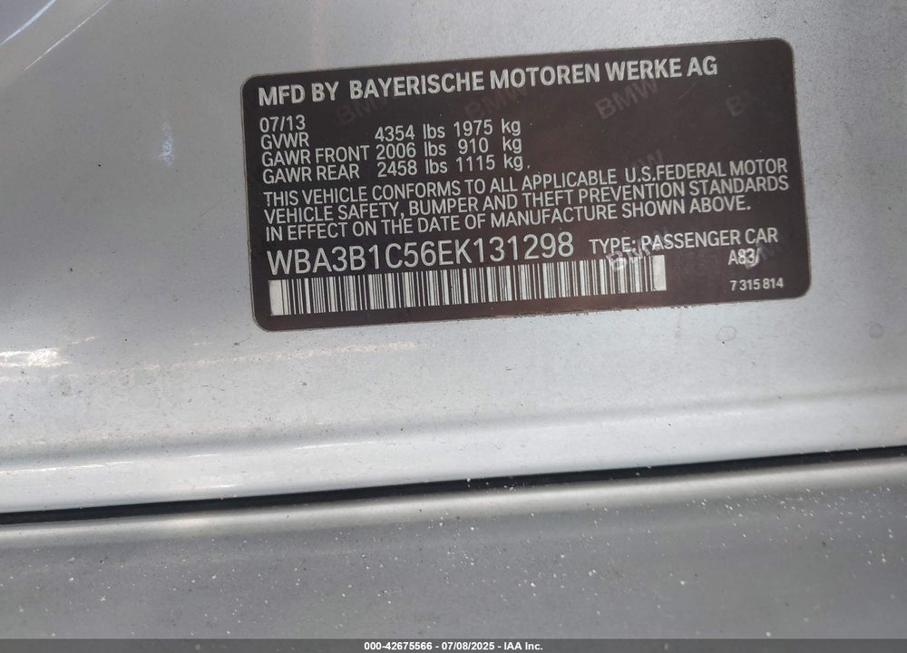 2014 BMW 3 SERIES VIN: WBA3B1C56EK131298