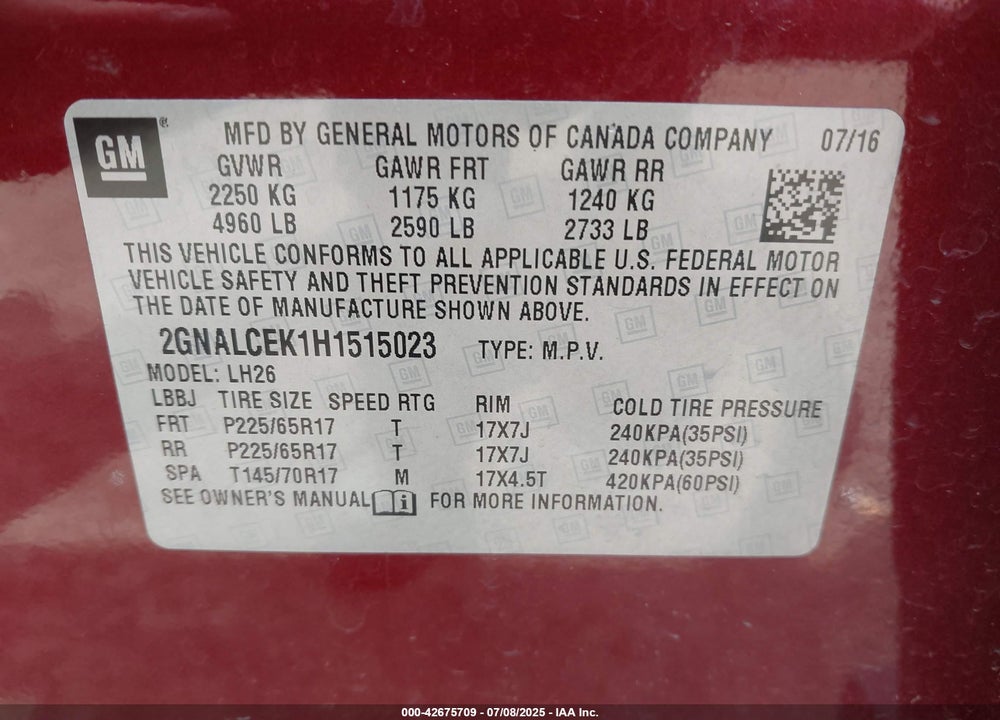 2017 CHEVROLET EQUINOX VIN: 2GNALCEK1H1515023