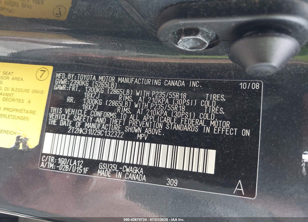 2009 LEXUS RX350 VIN: 2T2HK31U29C132322