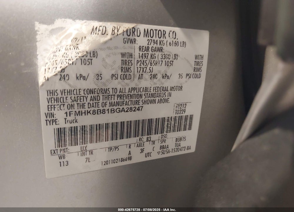 2011 FORD EXPLORER VIN: 1FMHK8B81BGA28247