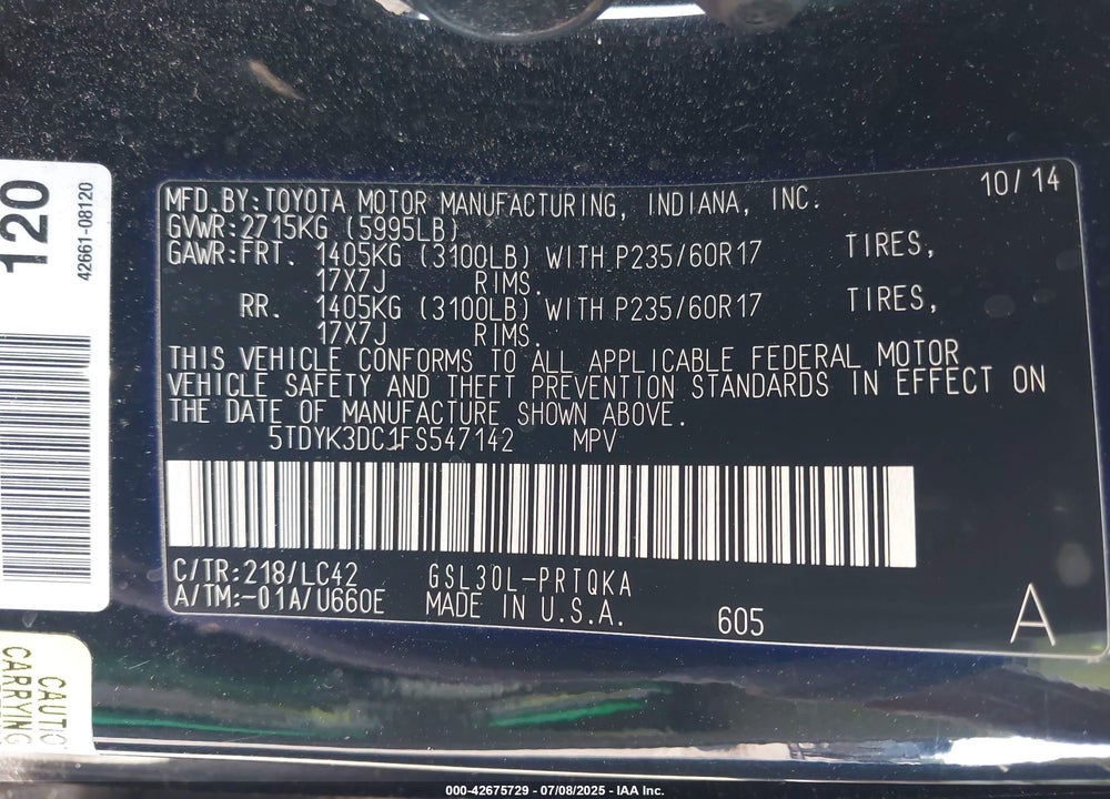 2015 TOYOTA SIENNA XLE 8 PASSENGER VIN: 5TDYK3DC1FS547142