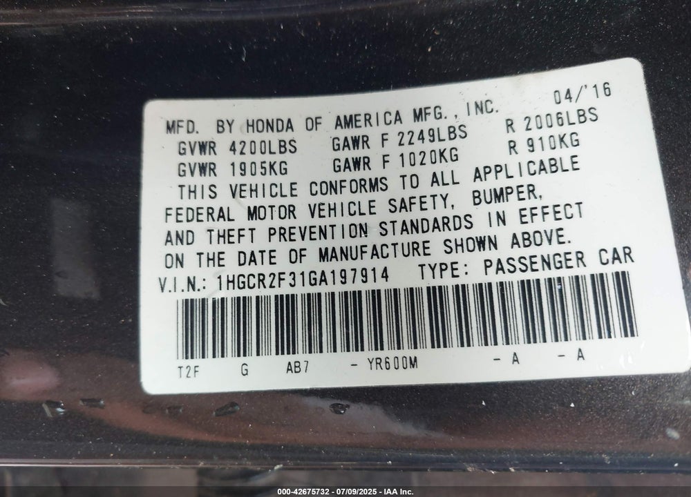2016 HONDA ACCORD LX VIN: 1HGCR2F31GA197914