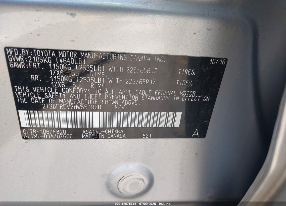 2017 TOYOTA RAV4 VIN: 2T3BFREV2HW551960