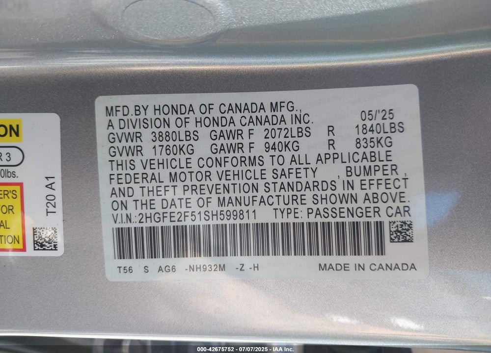 2025 HONDA CIVIC VIN: 2HGFE2F51SH599811