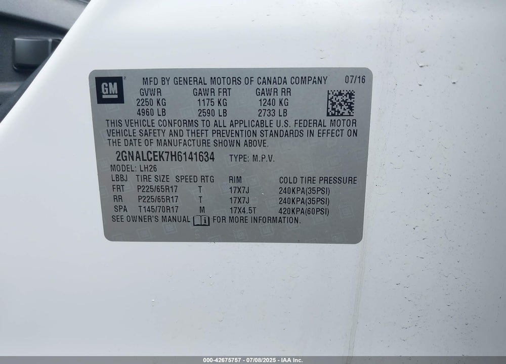 2017 CHEVROLET EQUINOX VIN: 2GNALCEK7H6141634