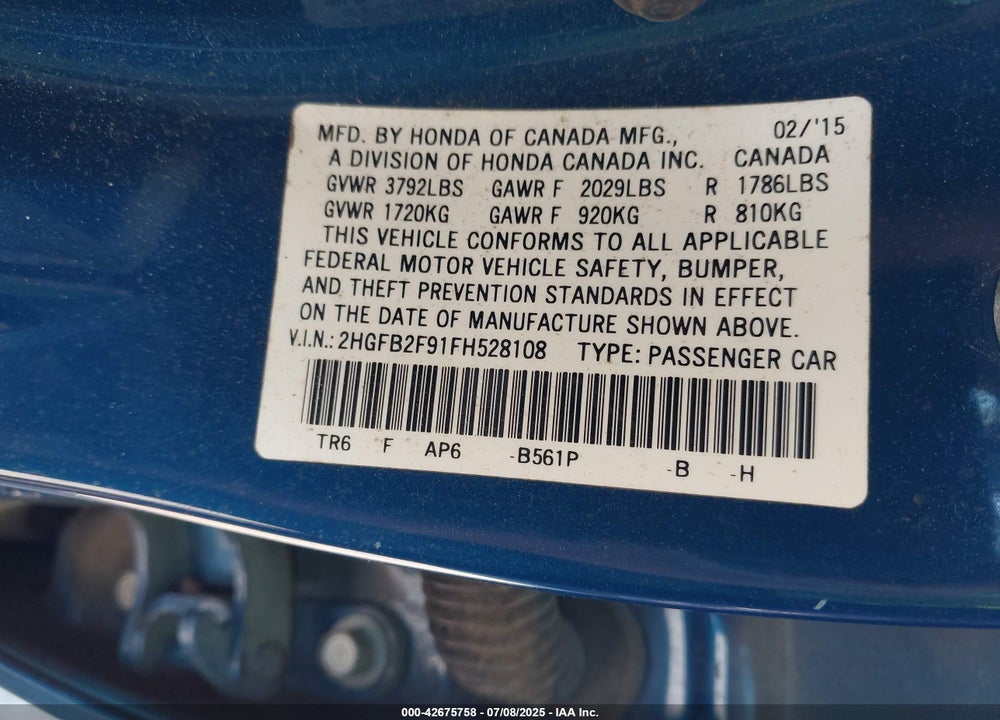2015 HONDA CIVIC VIN: 2HGFB2F91FH528108
