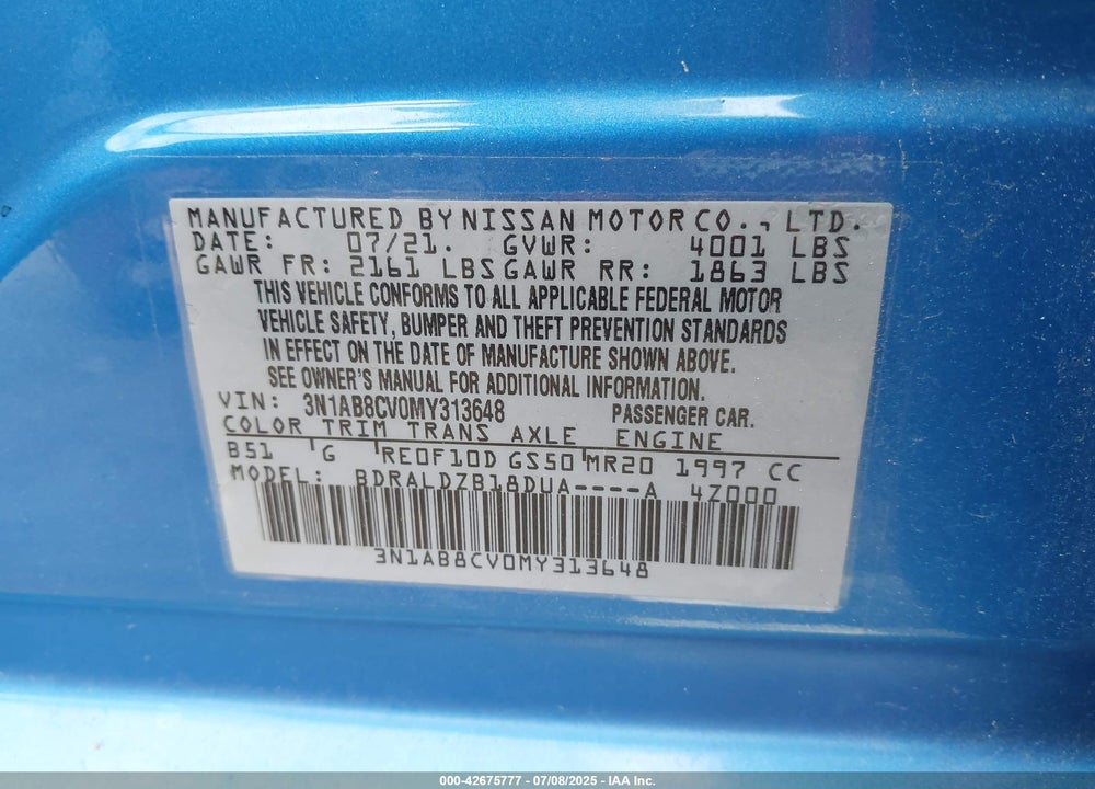2021 NISSAN SENTRA VIN: 3N1AB8CV0MY313648