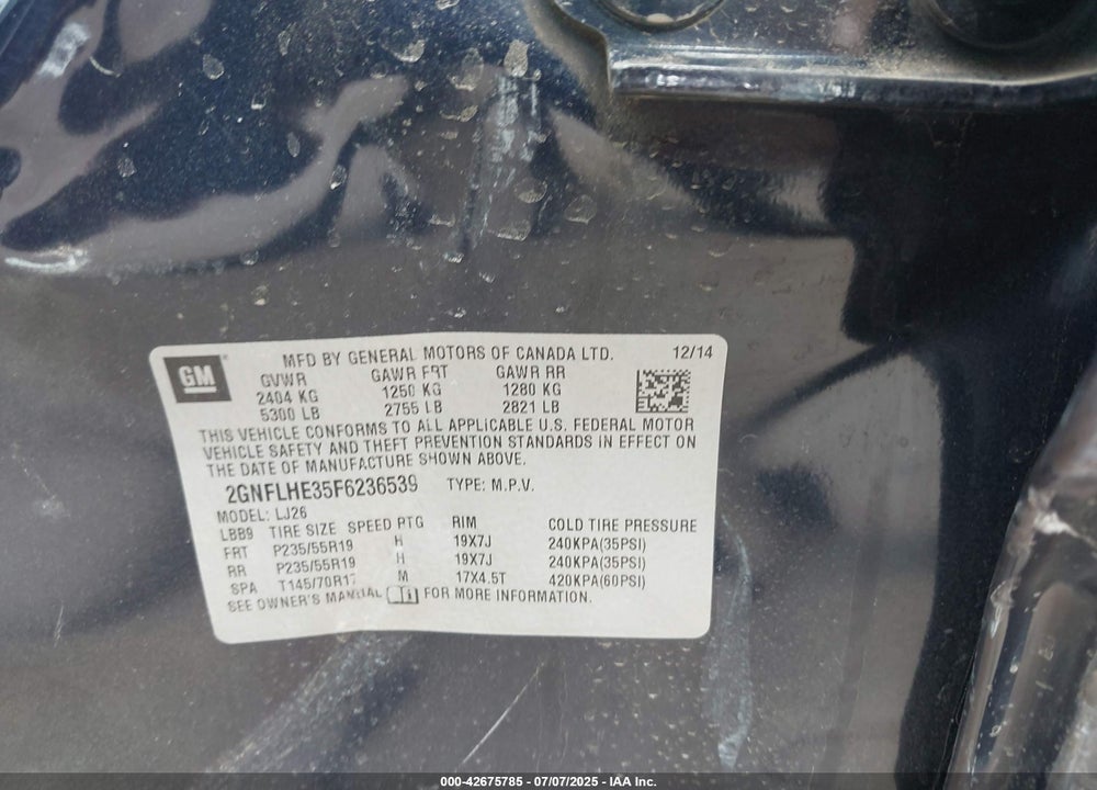 2015 CHEVROLET EQUINOX VIN: 2GNFLHE35F6236539