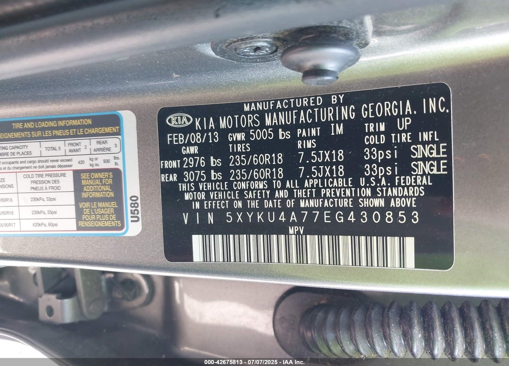 2014 KIA SORENTO VIN: 5XYKU4A77EG430853