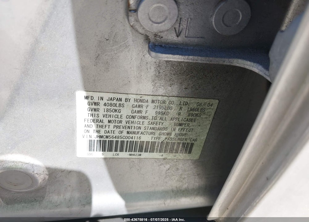 2005 HONDA ACCORD 2.4 LX VIN: JHMCM56485C004116