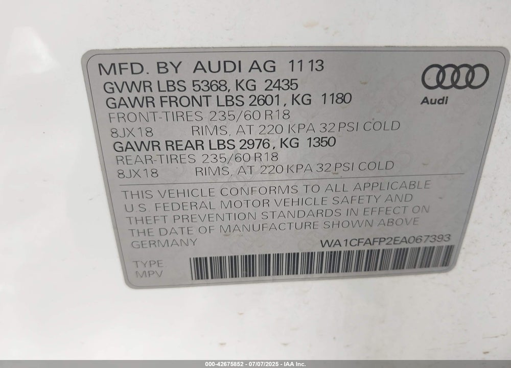 2014 AUDI Q5 VIN: WA1CFAFP2EA067393