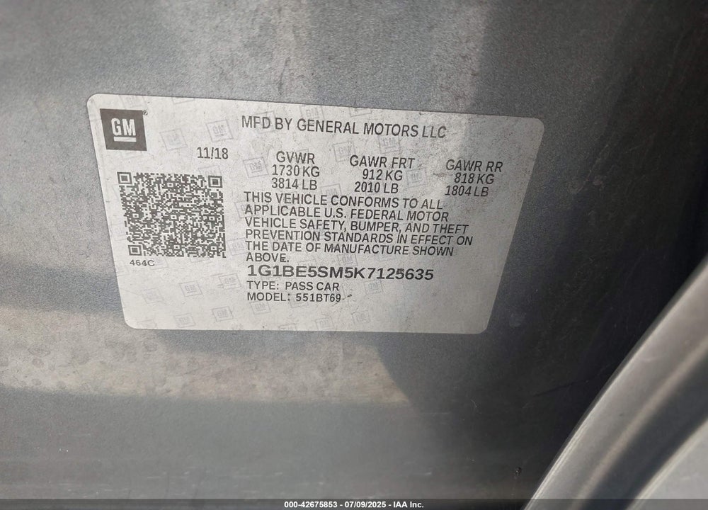 2019 CHEVROLET CRUZE VIN: 1G1BE5SM5K7125635