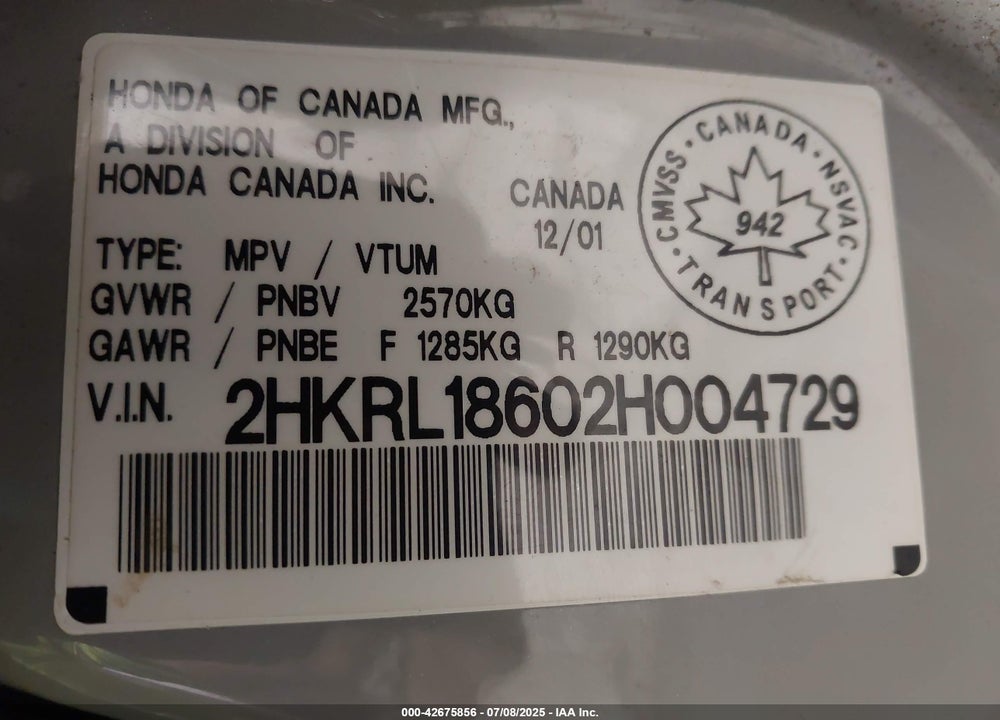 2002 HONDA ODYSSEY EX VIN: 2HKRL18602H004729