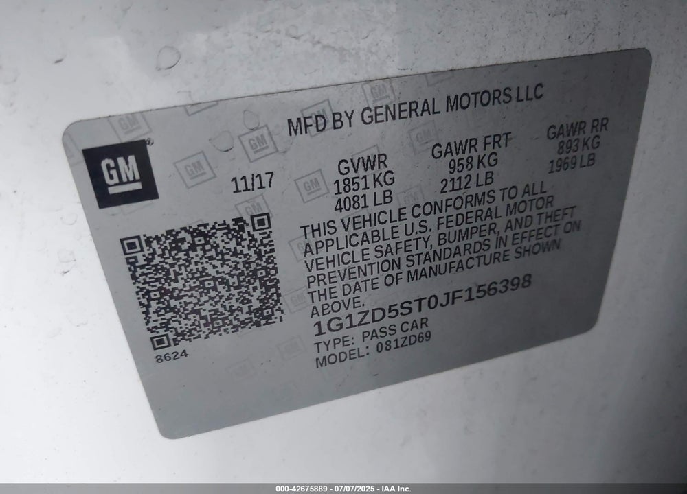 2018 CHEVROLET MALIBU LT VIN: 1G1ZD5ST0JF156398