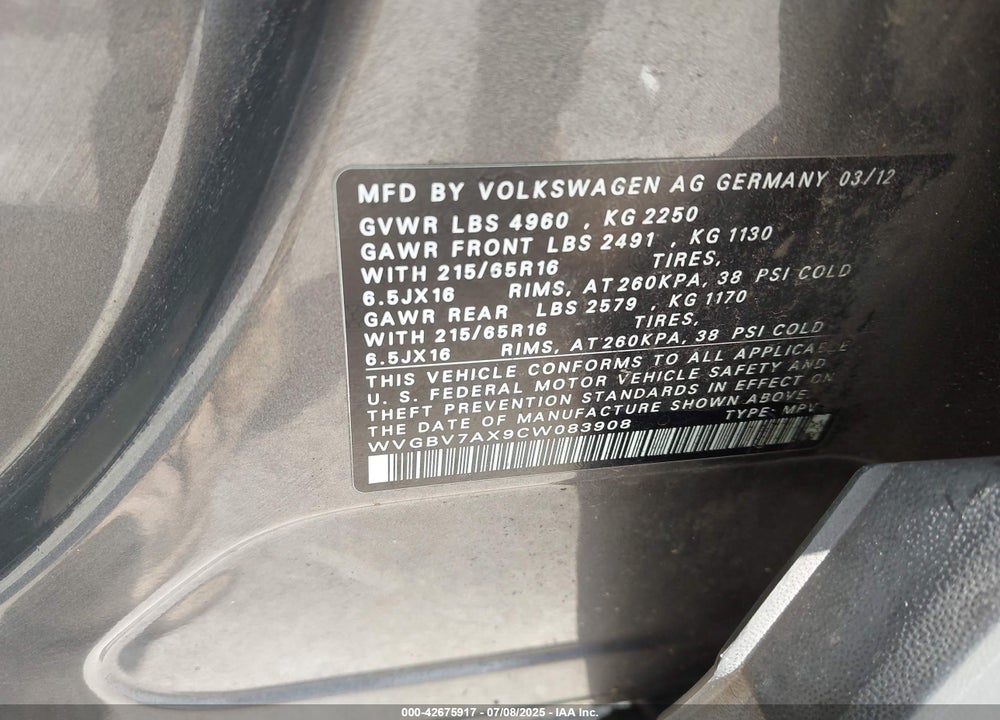 2012 VOLKSWAGEN TIGUAN VIN: WVGBV7AX9CW083908