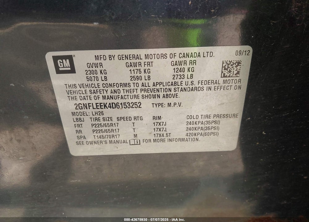 2013 CHEVROLET EQUINOX VIN: 2GNFLEEK4D6153252