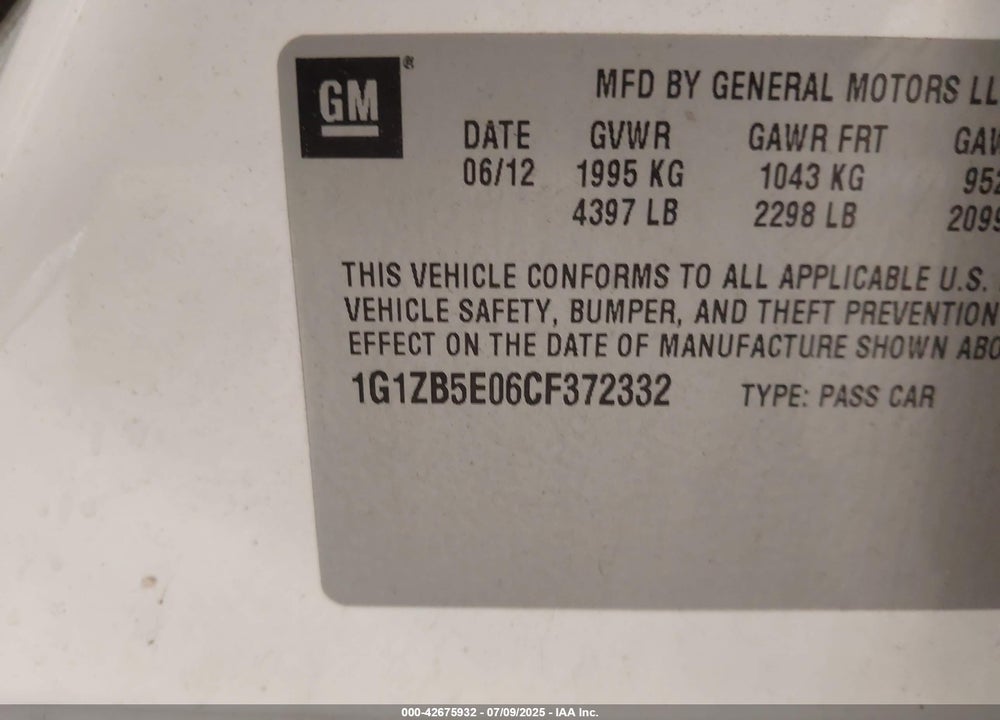 2012 CHEVROLET MALIBU VIN: 1G1ZB5E06CF372332