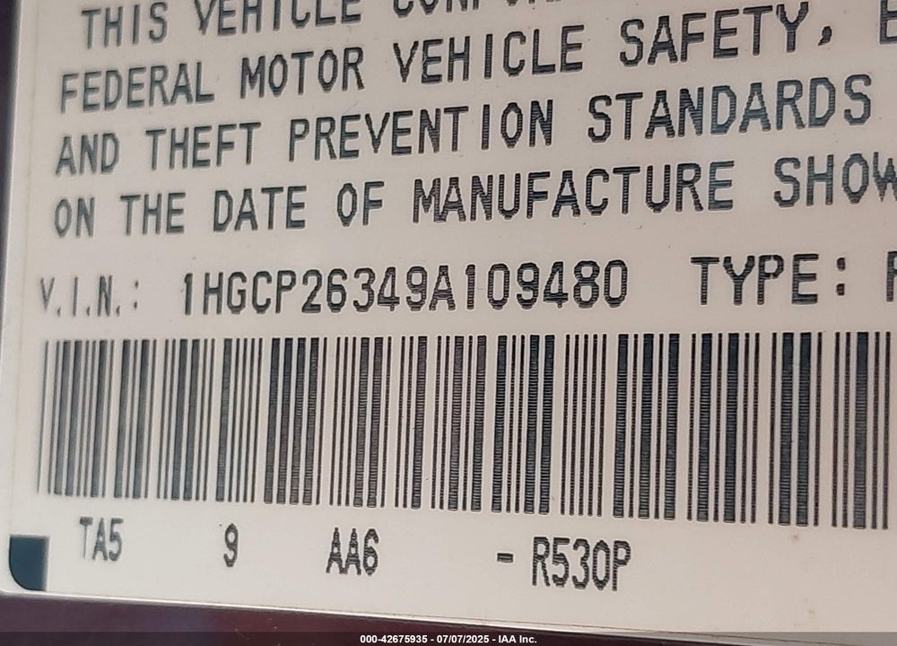 2009 HONDA ACCORD VIN: 1HGCP26349A109480