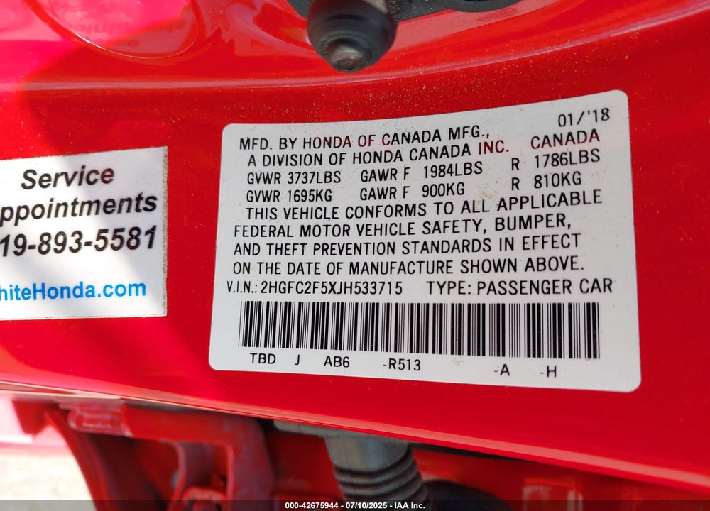 2018 HONDA CIVIC VIN: 2HGFC2F5XJH533715