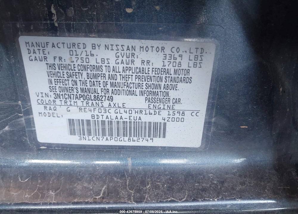 2016 NISSAN VERSA VIN: 3N1CN7AP0GL862749