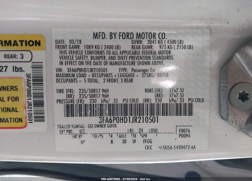 2018 FORD FUSION VIN: 3FA6P0HD1JR210501