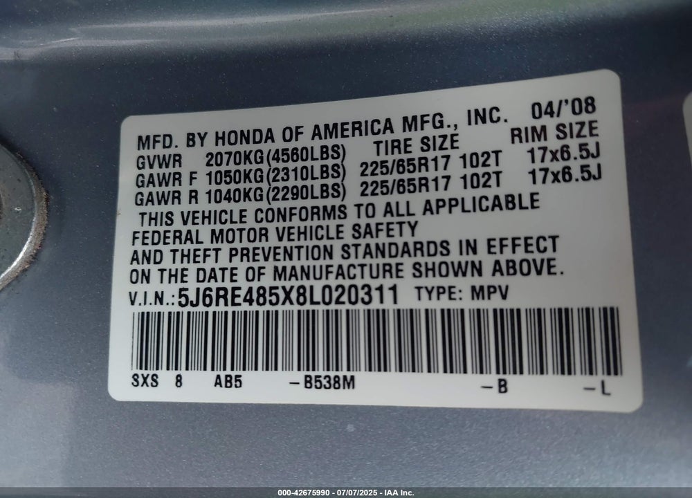 2008 HONDA CR-V EX VIN: 5J6RE485X8L020311