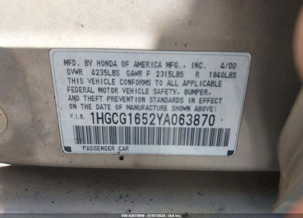 2000 HONDA ACCORD 3.0 EX VIN: 1HGCG1652YA063870