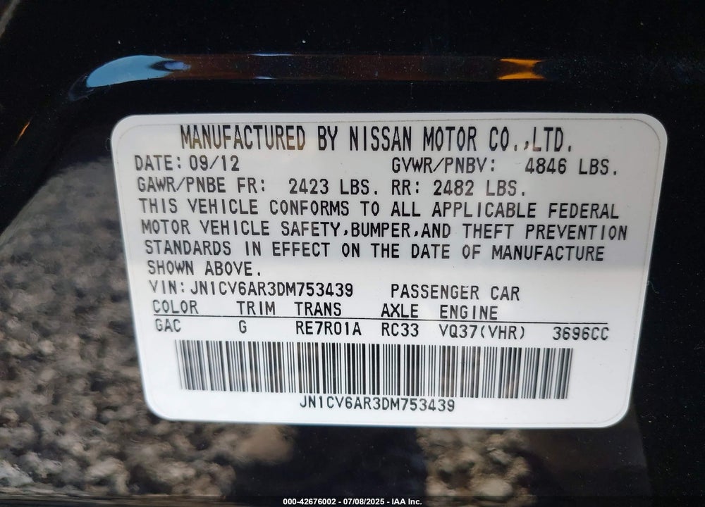 2013 INFINITI G37X VIN: JN1CV6AR3DM753439