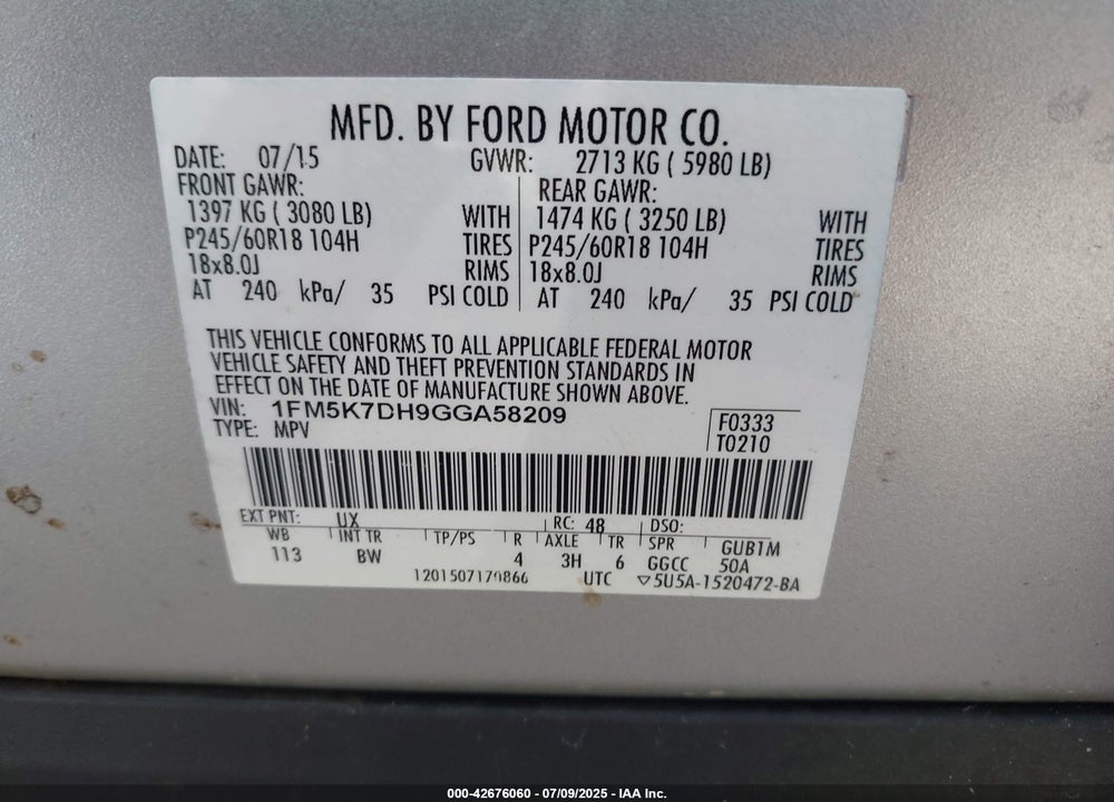 2016 FORD EXPLORER VIN: 1FM5K7DH9GGA58209