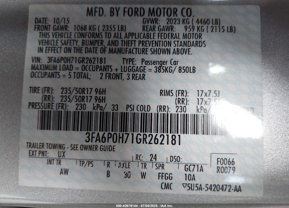 2016 FORD FUSION VIN: 3FA6P0H71GR262181