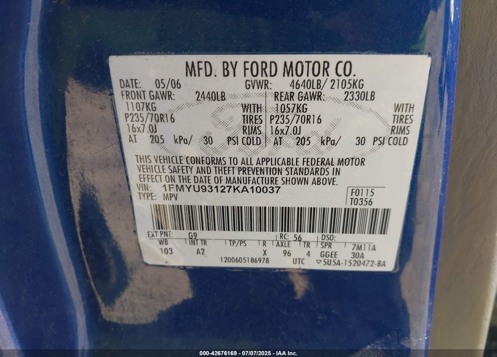 2007 FORD ESCAPE VIN: 1FMYU93127KA10037