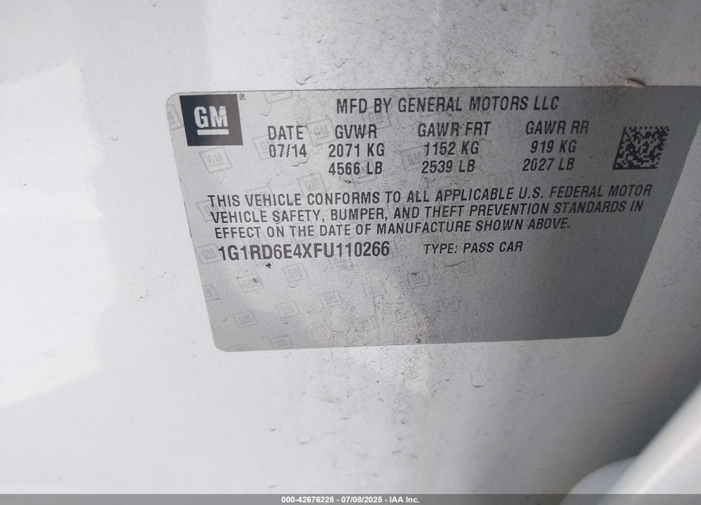 2015 CHEVROLET VOLT VIN: 1G1RD6E4XFU110266