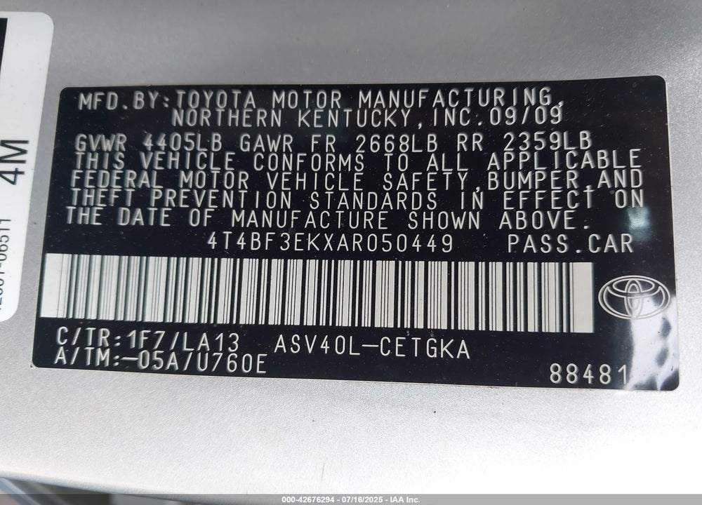 2010 TOYOTA CAMRY VIN: 4T4BF3EKXAR050449