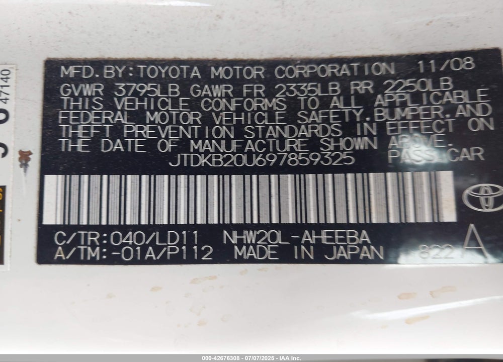 2009 TOYOTA PRIUS VIN: JTDKB20U697859325