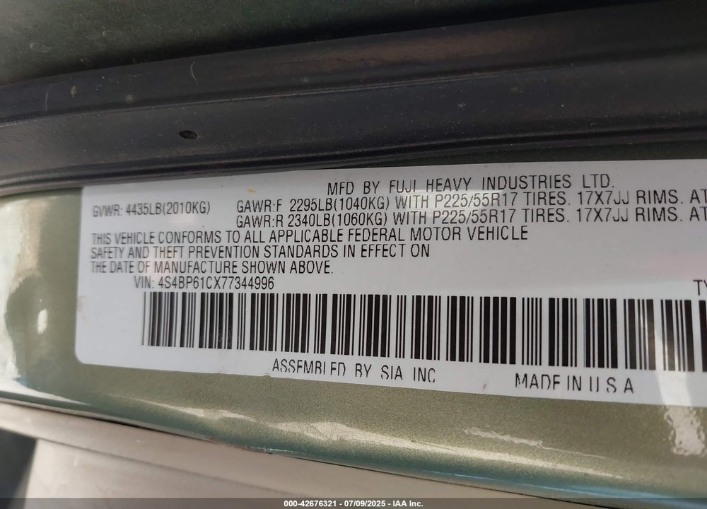 2007 SUBARU OUTBACK OUTBACK 2.5I VIN: 4S4BP61CX77344996